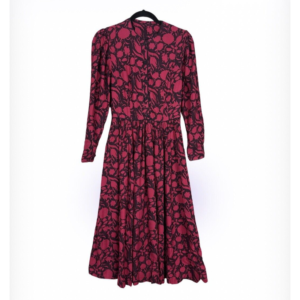 Laura Ashley Vintage Red Long Sleeve Floral Prairie Dress Fit & Flare Size US 8